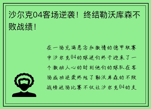 沙尔克04客场逆袭！终结勒沃库森不败战绩！